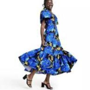 Christopher John Rogers Target Blue Floral Puff Sleeve Tiered Maxi Dress 2 New